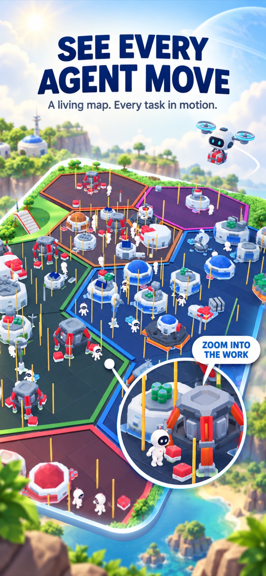 A living map of coding agents moving between colorful project zones